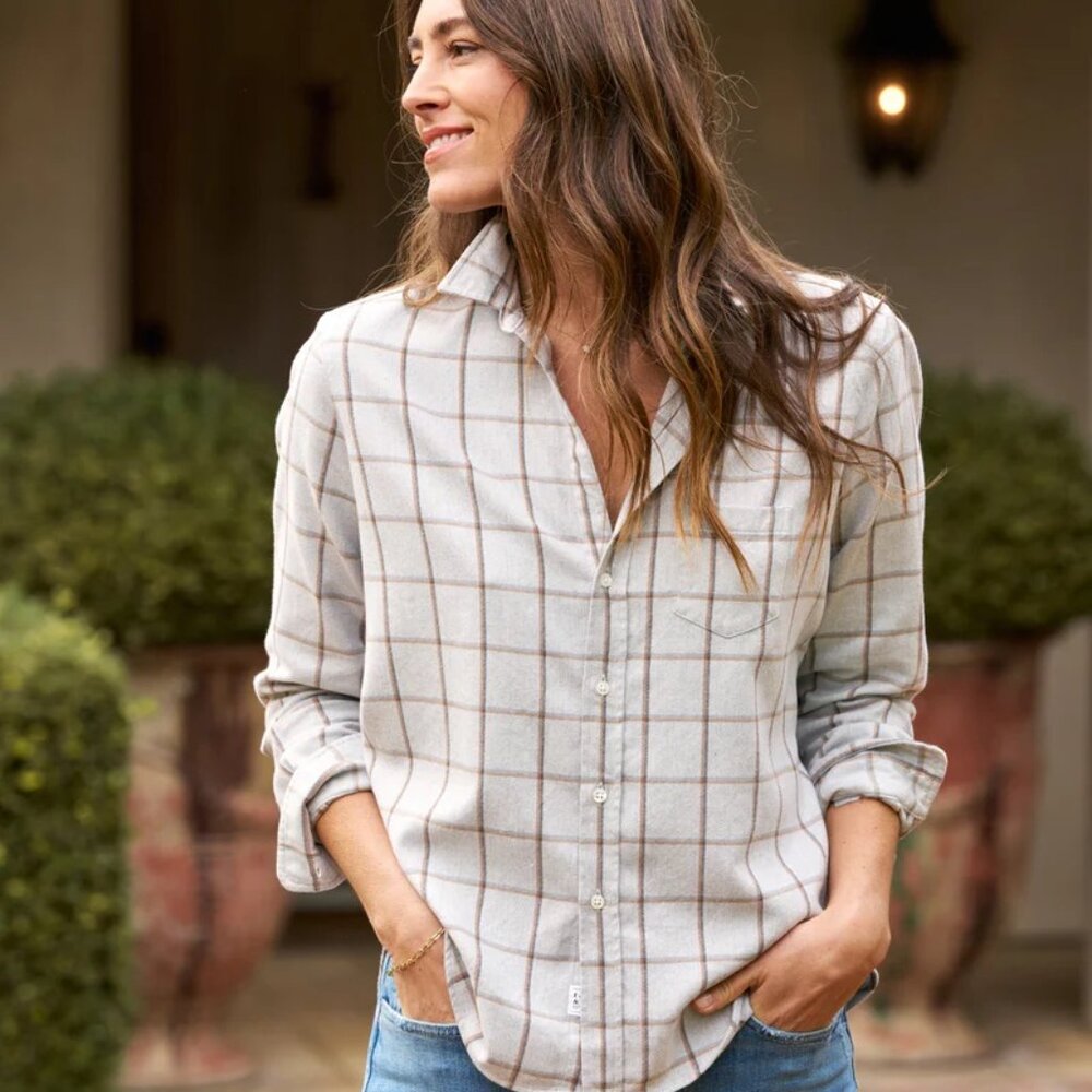 Frank & Eileen 'Barry' shirt white w. brown windowpane, Size Large
